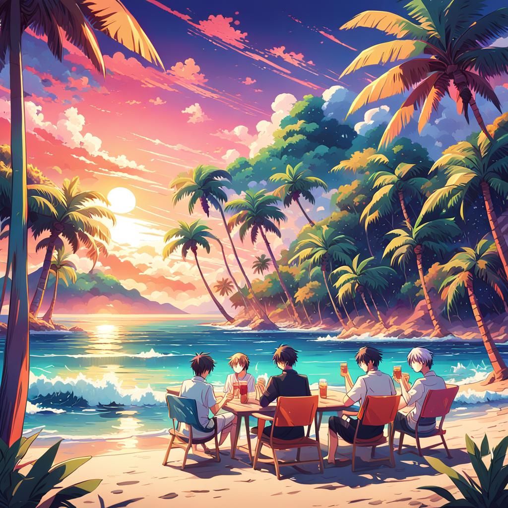Tropical Beach Relaxation in Vibrant Anime Style