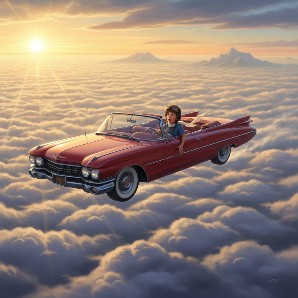 Vintage Car Flies Boy Above Clouds At Golden Hour