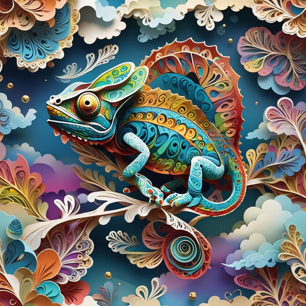 Colorful Chameleon in Kirigami Style Sky