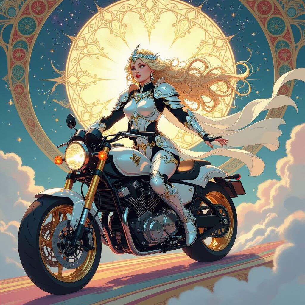 Celestial Goddess on Motorcycle in Anime Style