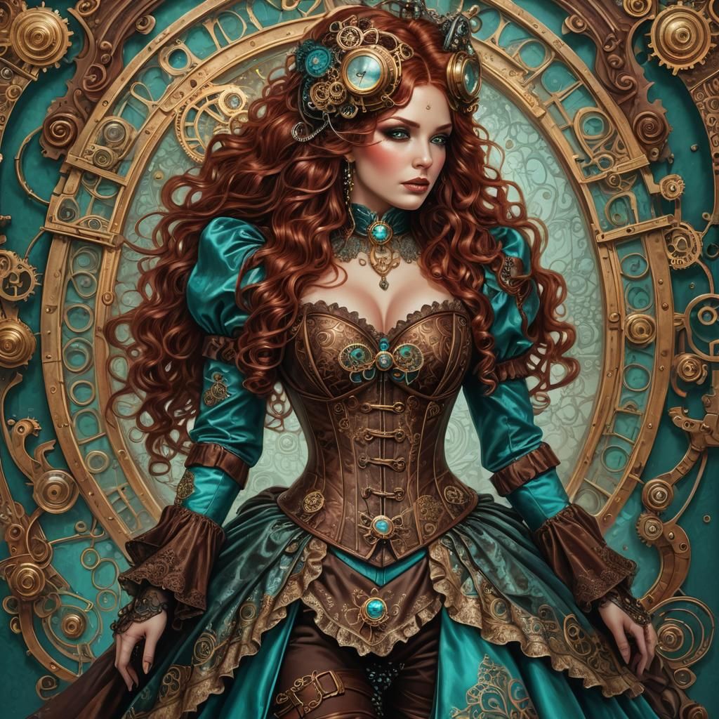 Steampunk Woman Portrait in Turquoise and Bronze Outfit