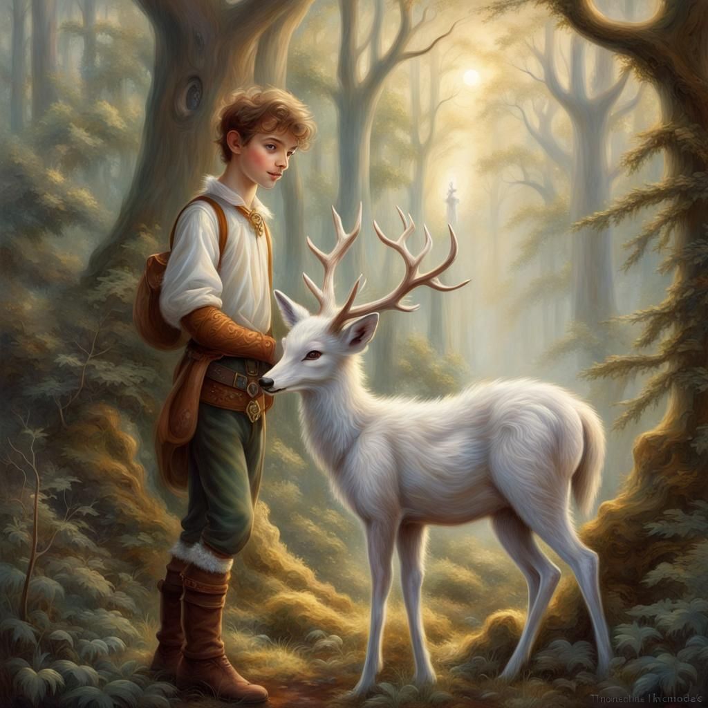 Ethereal Elf Boy and Deer-Fox in Forest