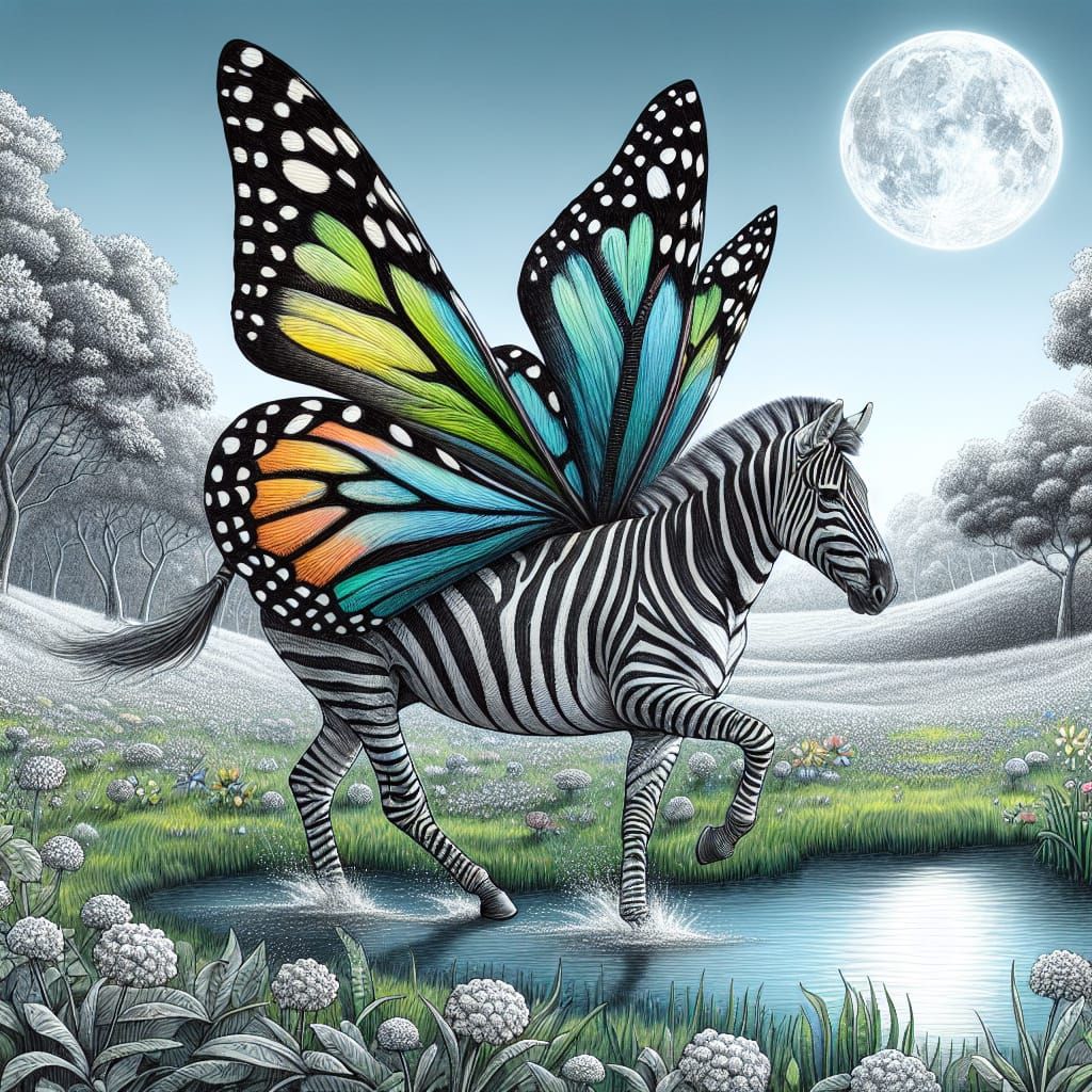A beautiful zebra with butterfly wings on its back,