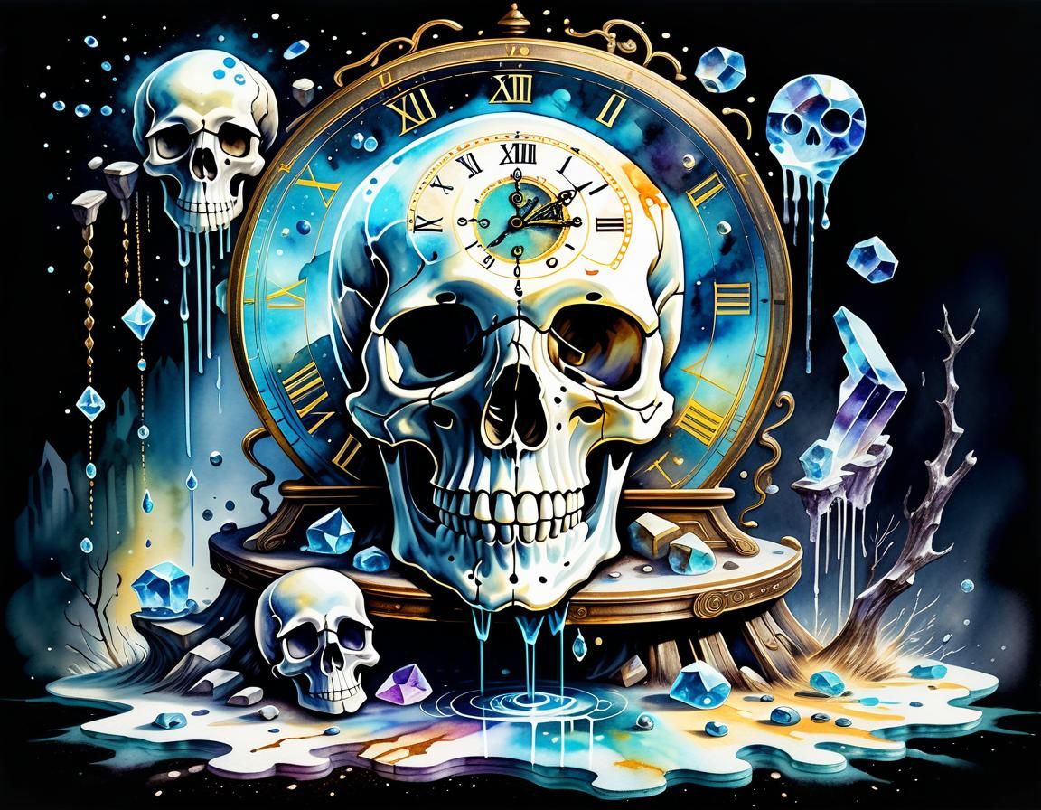 Skull Dripping Opalescent Liquid in Watercolour