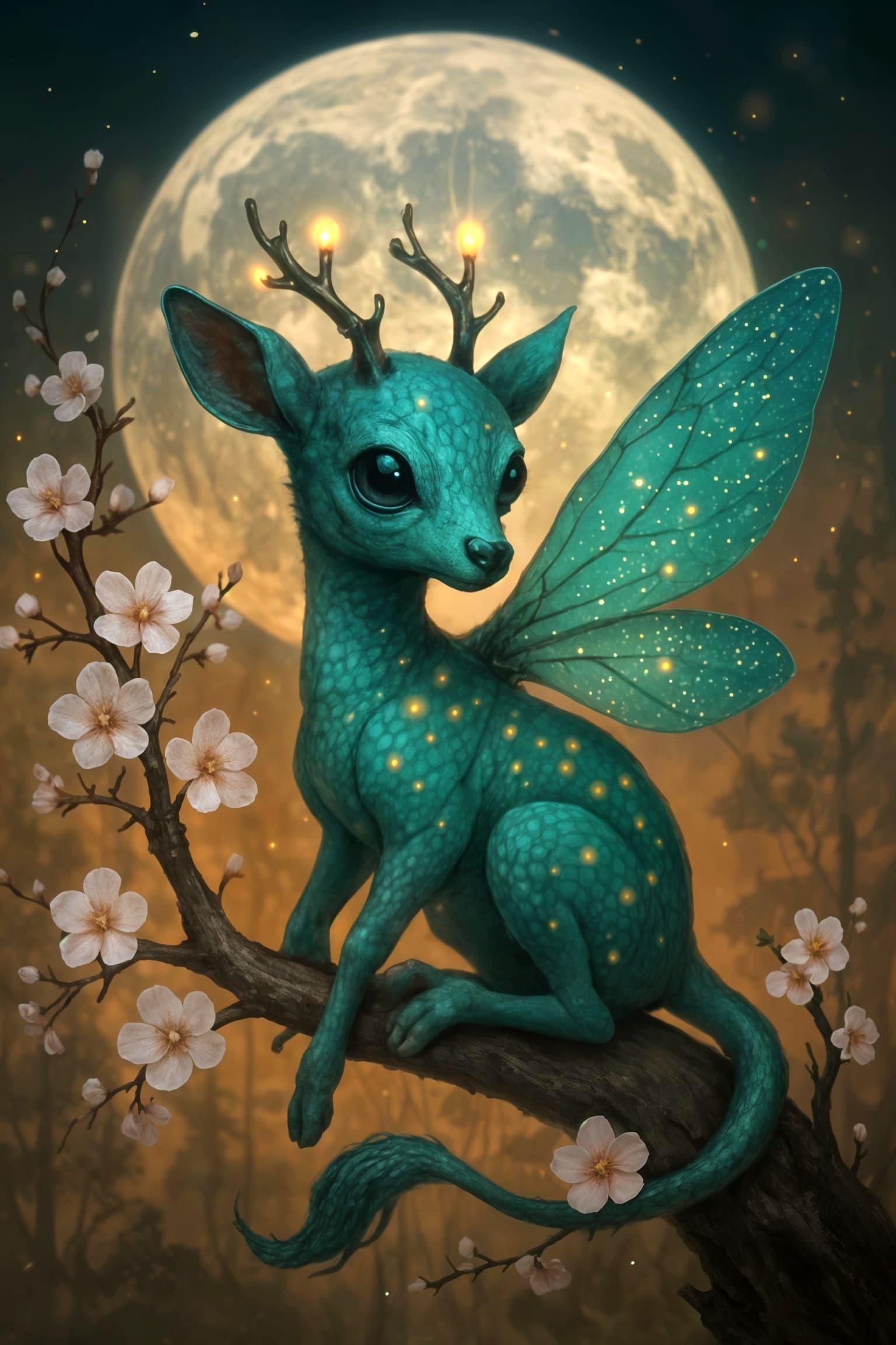 Mystical Fawn with Cherry Blossoms in Fantasy Forest