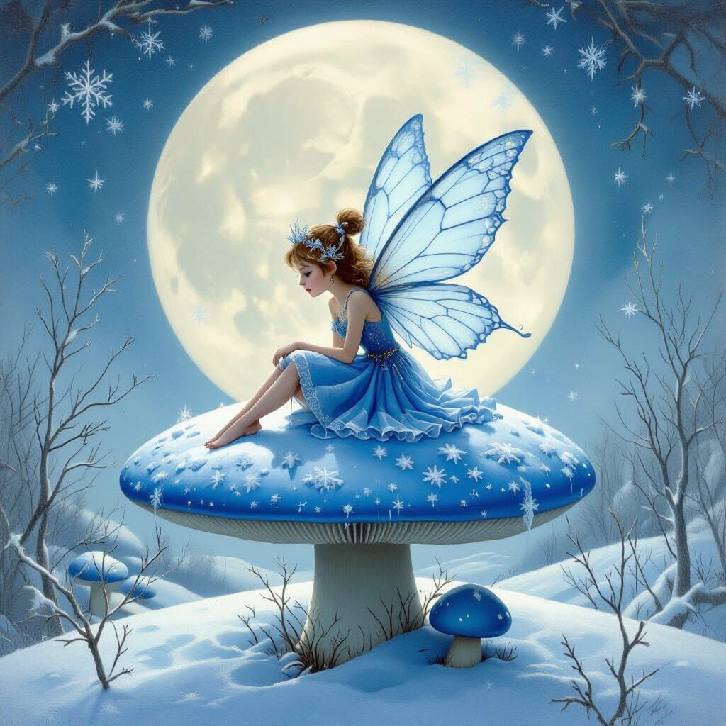 Surreal Fairy on Snowflake in Dreamlike Winter Landscape