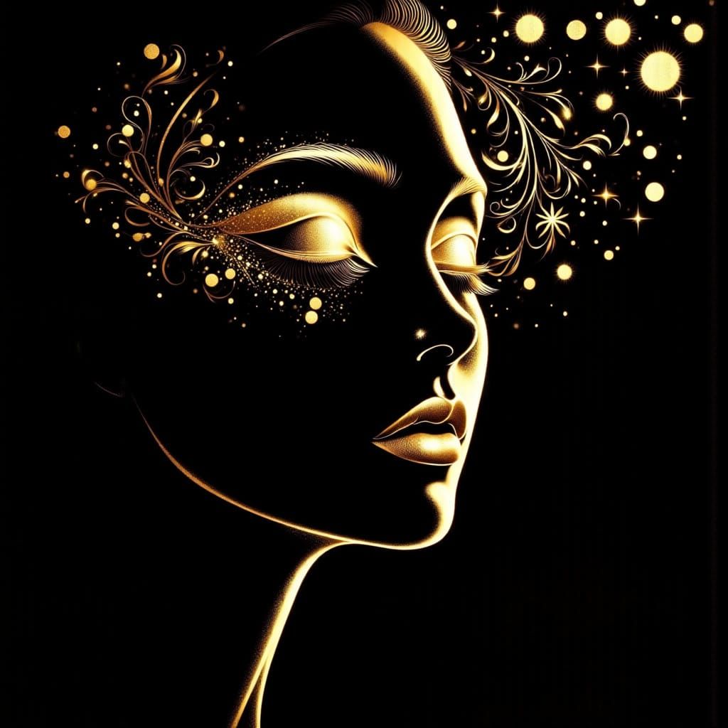Elegant Woman Portrait in Black and Gold Ink