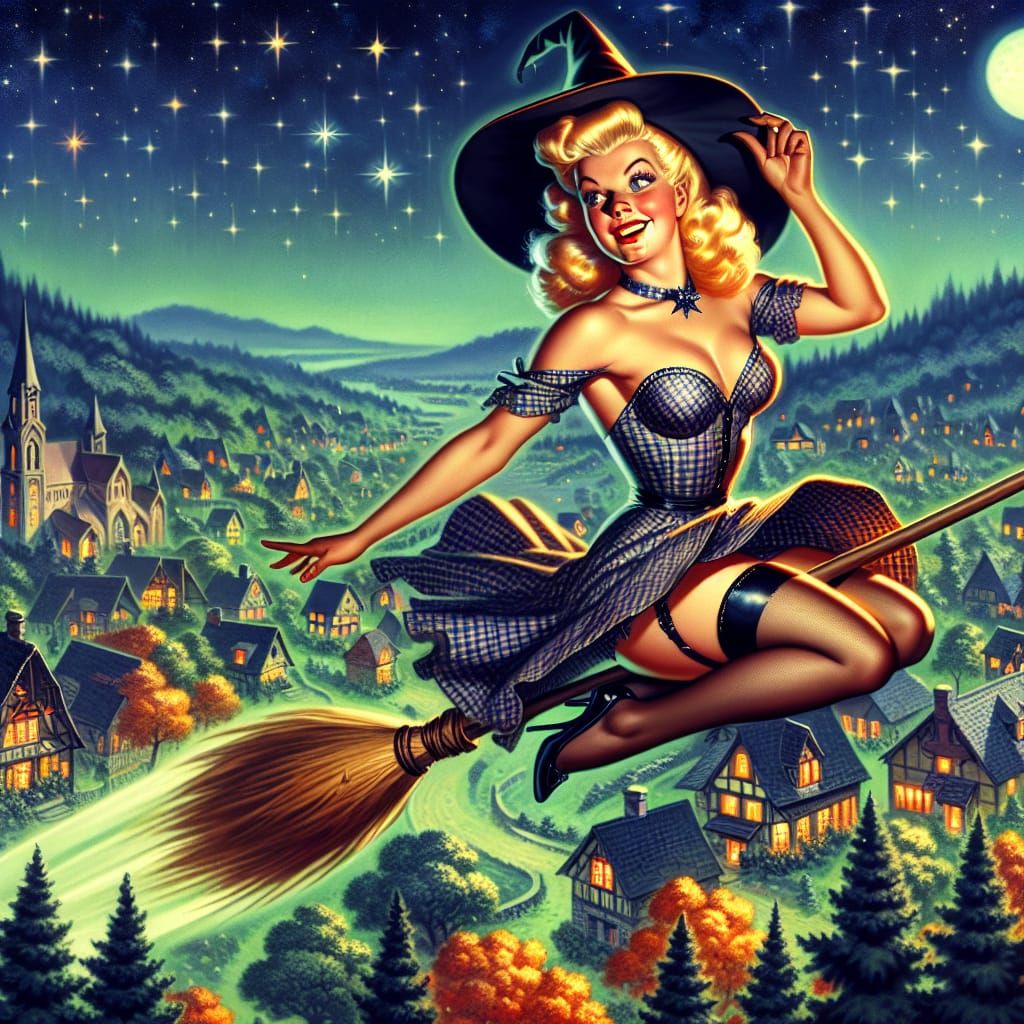 Blonde Witch Flying Over Village in Pin-Up Style
