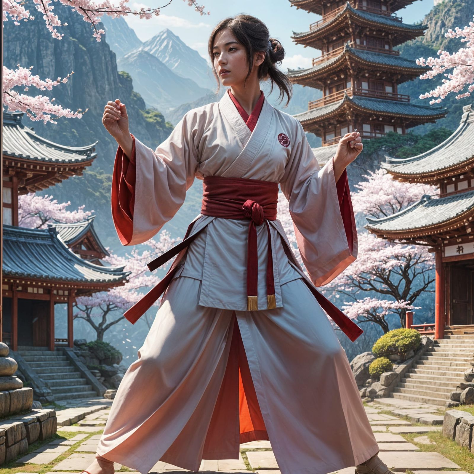 Serene Karate Monk in Japanese Temple, Digital Art