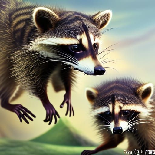 Raccoon Cubs Playing: Hyperrealistic Caricature Portrait