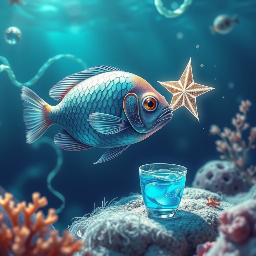 Whimsical Ocean Scene with Shimmering Fish and Celestial Sta...