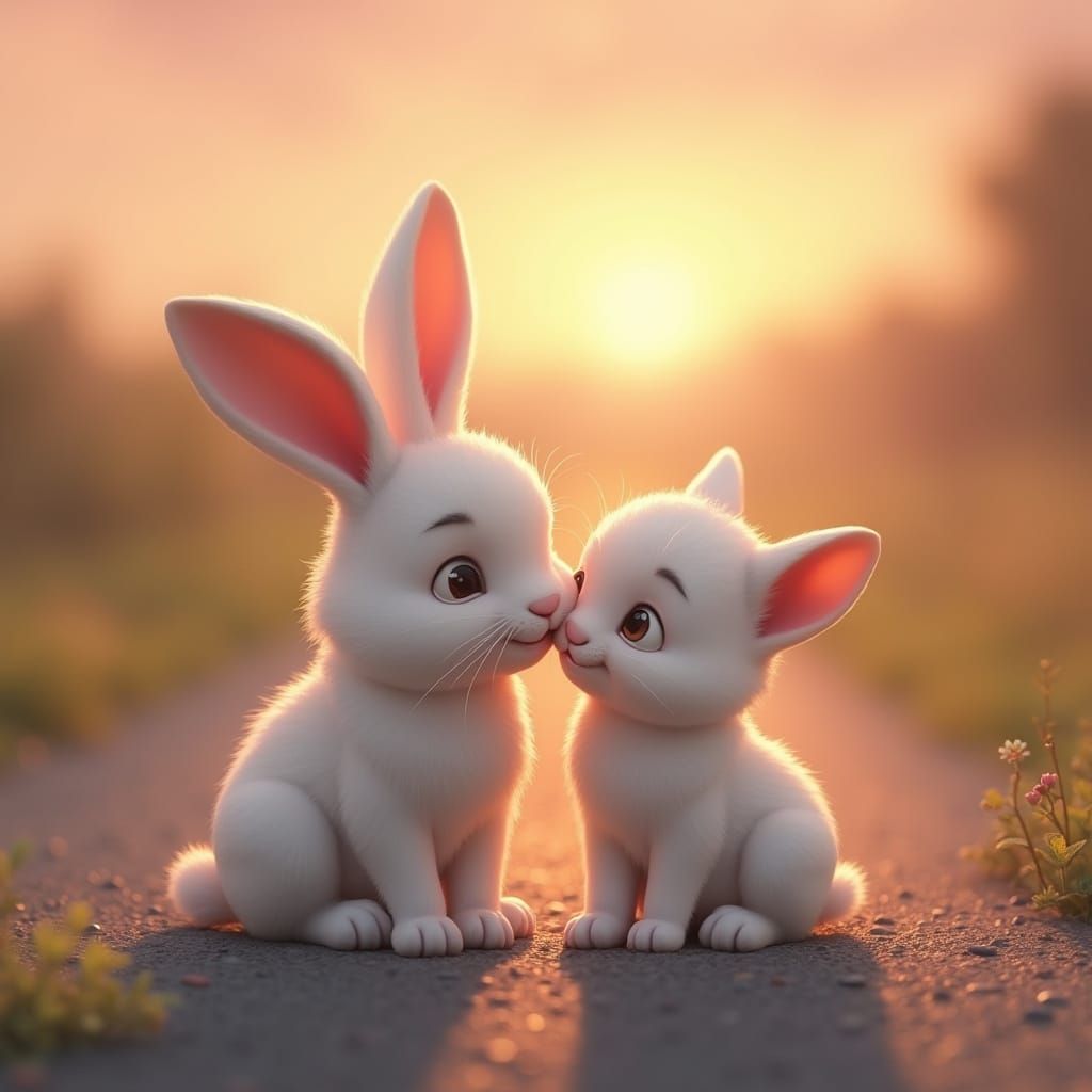 Warm Sunset Moment of Furry Friendship on a Country Road