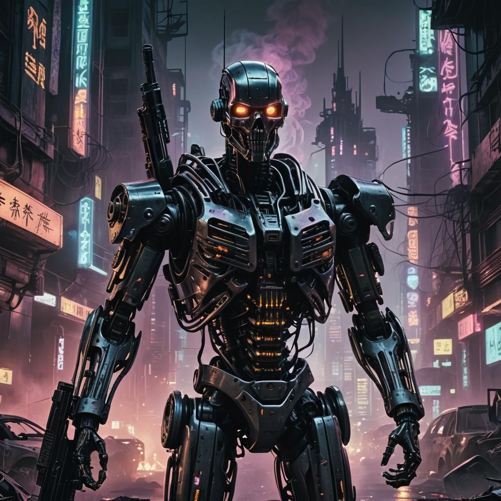 Cyberpunk Endoskeleton in Gritty Cityscape