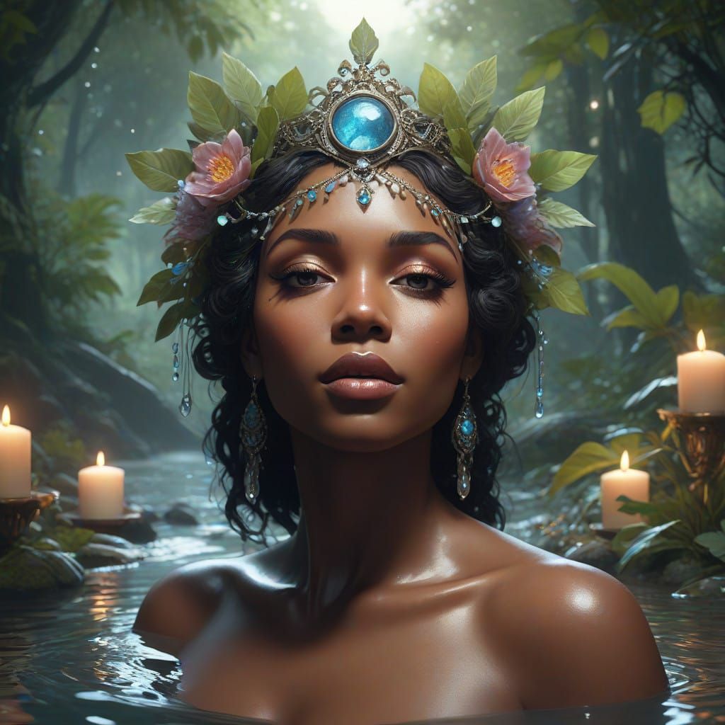 Ebony Goddess in Serene Art Nouveau-Inspired Forest Bath