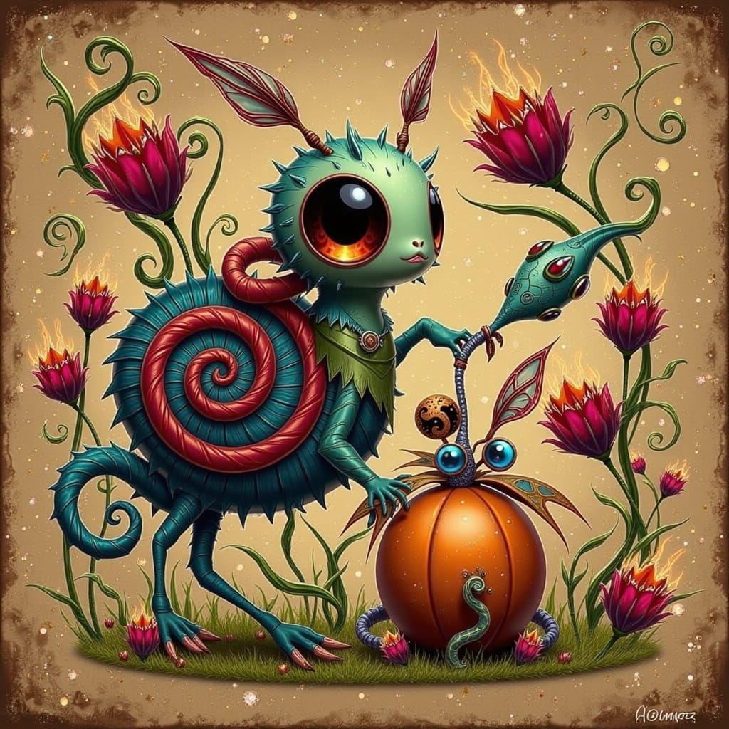 Whimsical Furry Creature in Lush Forest, Detailed Art