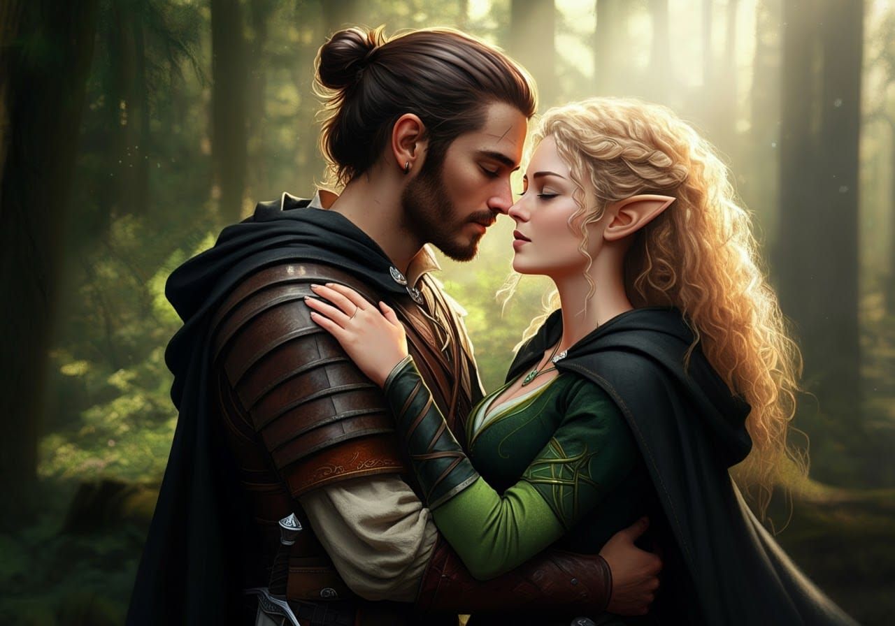Ranger and Elf Embrace in Sunlit Forest
