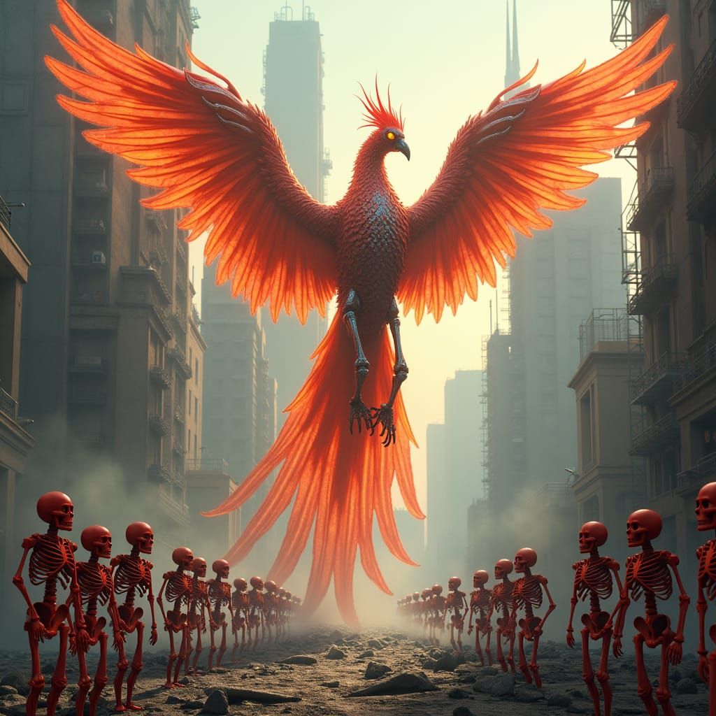 Phoenix Rising from Cyberpunk Cityscape in 8K