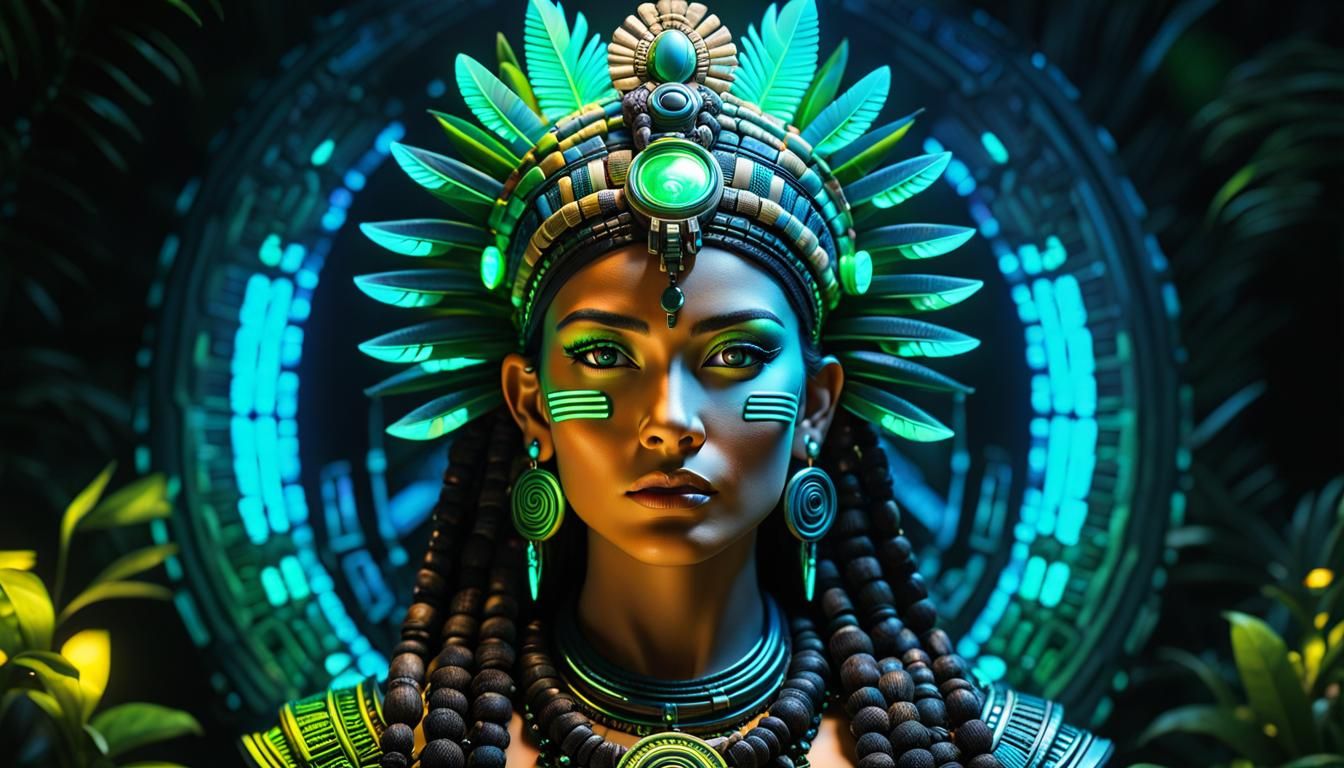 Mayan Queen in Dark Jungle: Nuclearpunk Concept Art