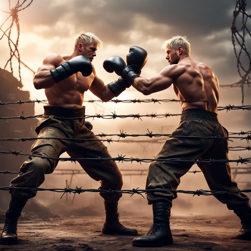 Shirtless Blond Boxers in Military Uniforms