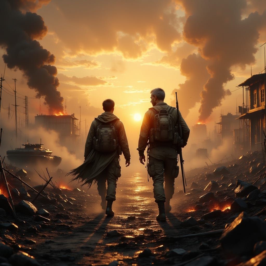 Emotional Battlefield Embrace at Sunset