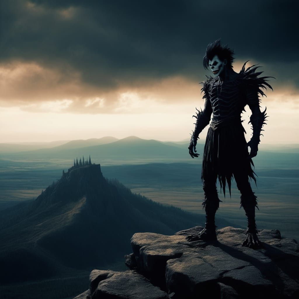 Epic Dark Fantasy: Ryuk on a Rocky Mountain Peak