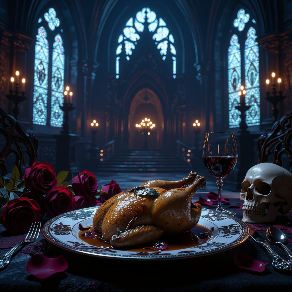Gothic Chicken Marsala Dinner in Castle with Roses and Skull