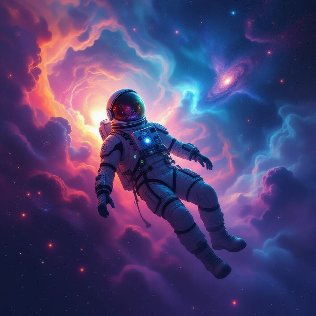 Astronaut Adrift in Cosmic Sea with Magic Aura