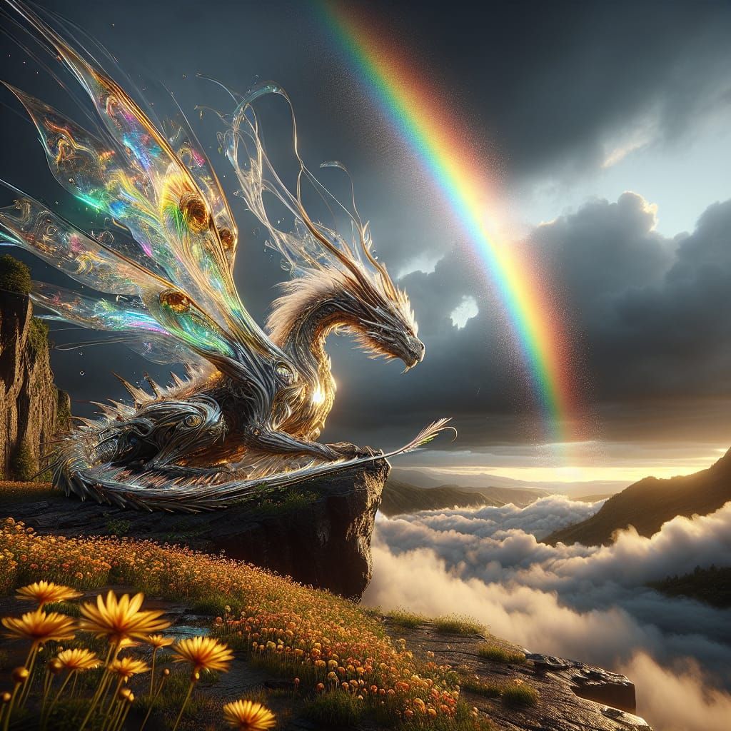 Iridescent Dragon on Cliff with Rainbow, Digital Matte Paint...