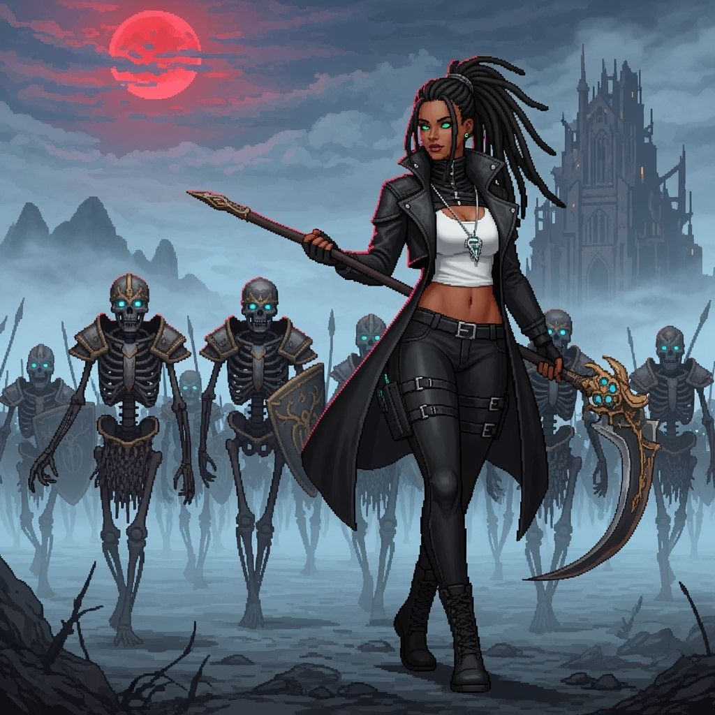 Skeletal Warriors March Under Blood Moon in Pixel Art