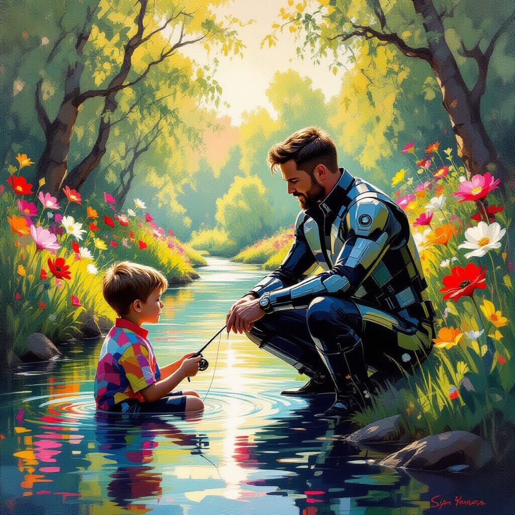 Futuristic Father and Son Fishing in Neo-Impressionist Style
