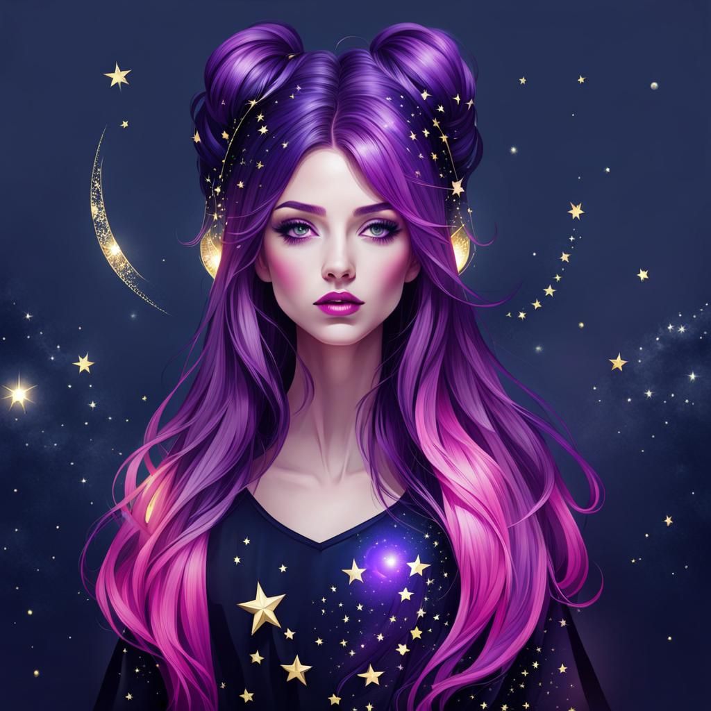 Celestial Woman with Purple Hair and Cosmic Elements