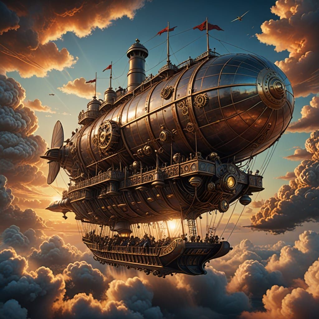 Steampunk Airship Sails at Sunset
