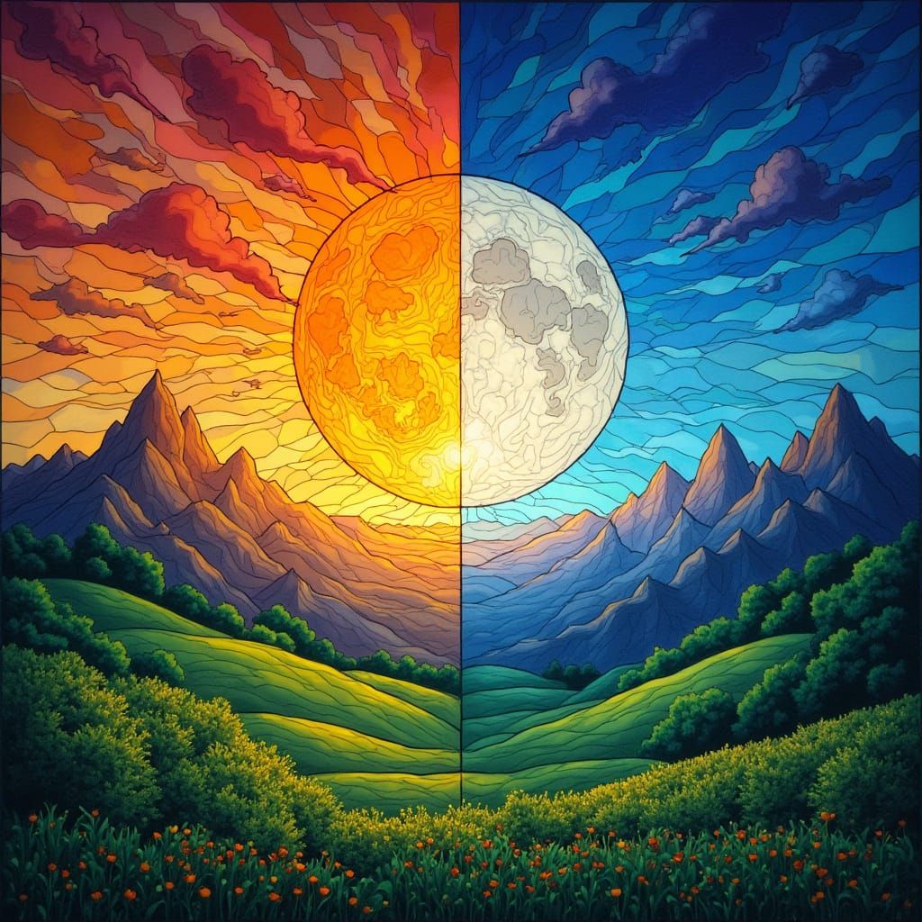 Vibrant Day and Night Surreal Fantasy Scene
