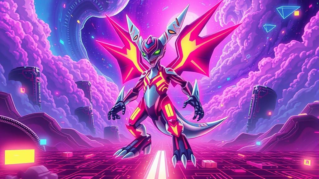 Cyberpunk Digimon Hero in Vibrant Digital Realm