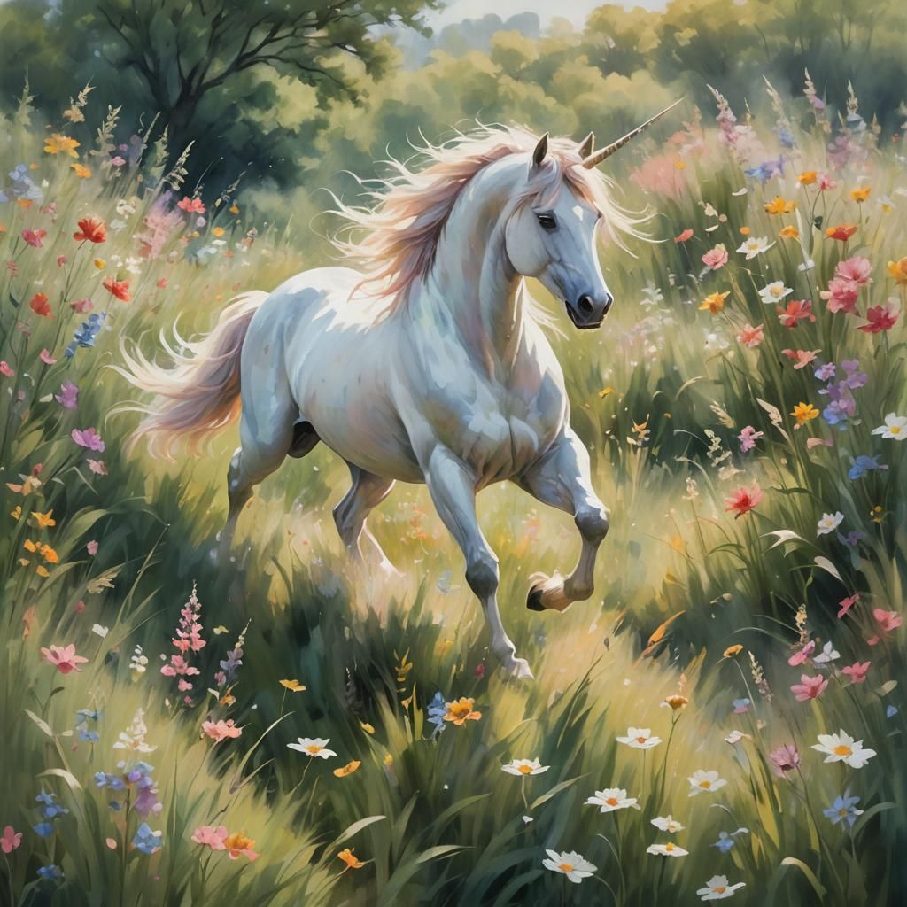 Impressionistic Unicorn in a Flower Meadow