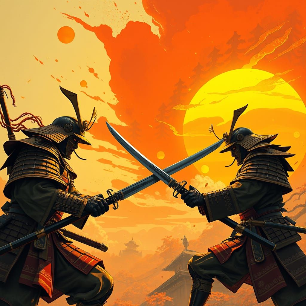 Shogun Battle Amidst Colliding Suns: Sci-Fi Japanese Art