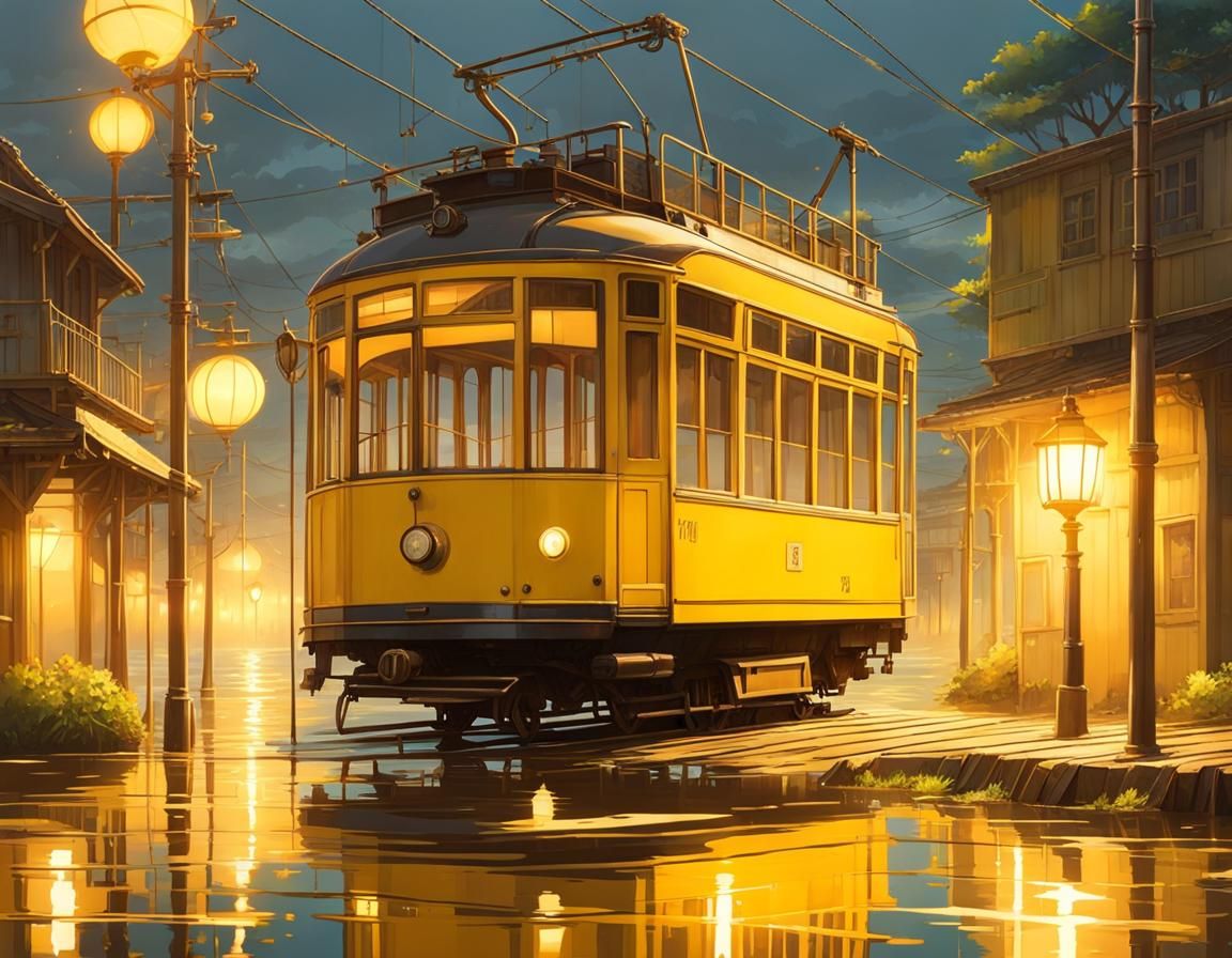 Yellow tram; yellow lights