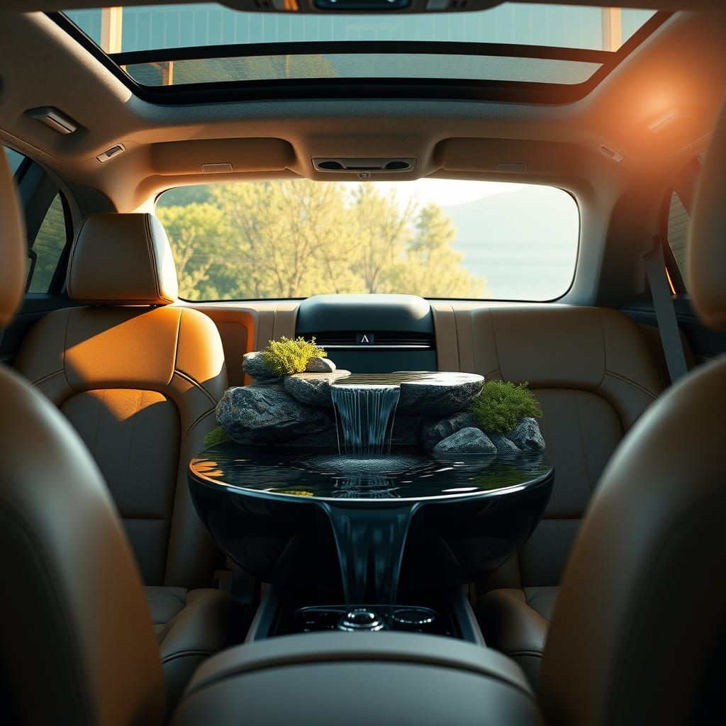 Luxury Sedan Interior with Zen Fountain, Photorealistic 4k