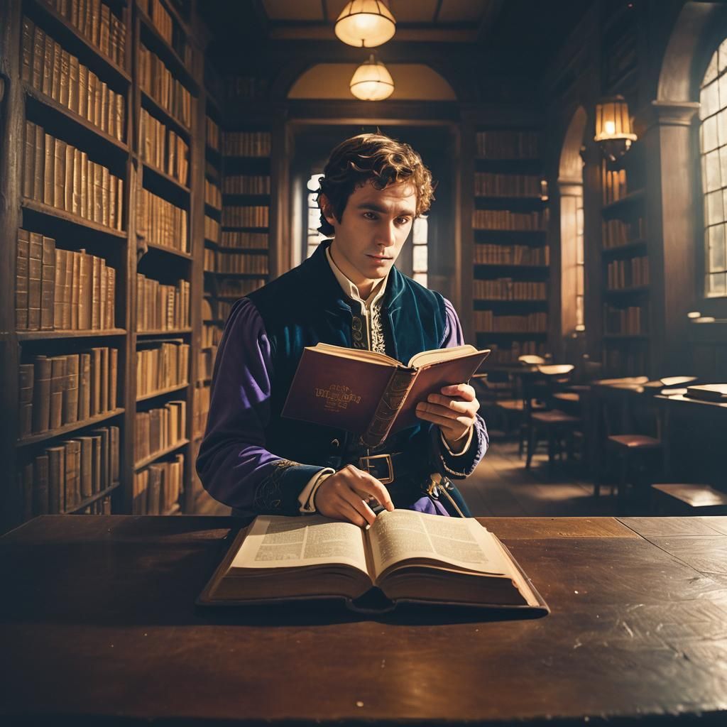 Elf Reads in Ancient Library: Cinematic Film Still