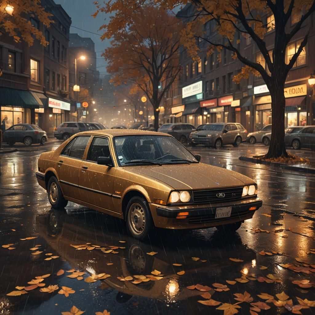 Car in Rainy Autumn Night: Matte Painting