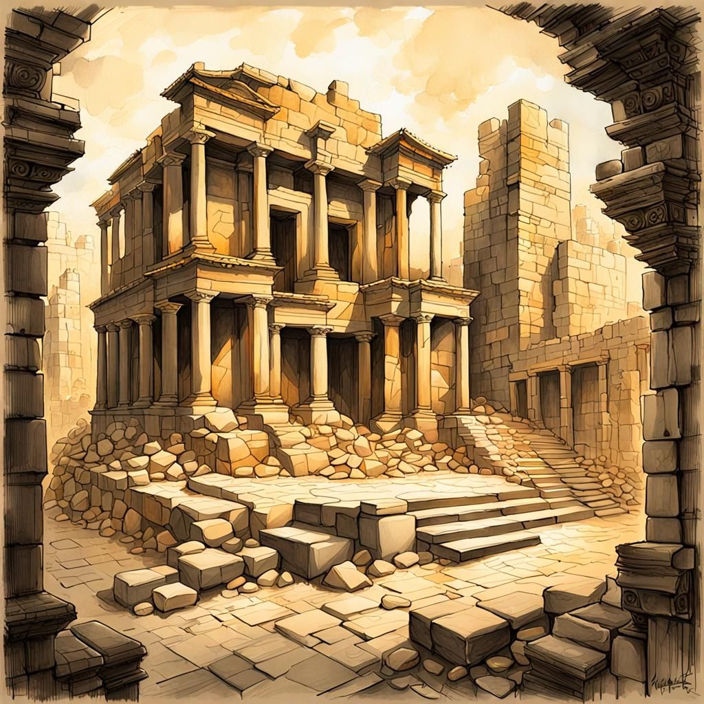 Graphite Sketch of Ancient Civilization Ruins