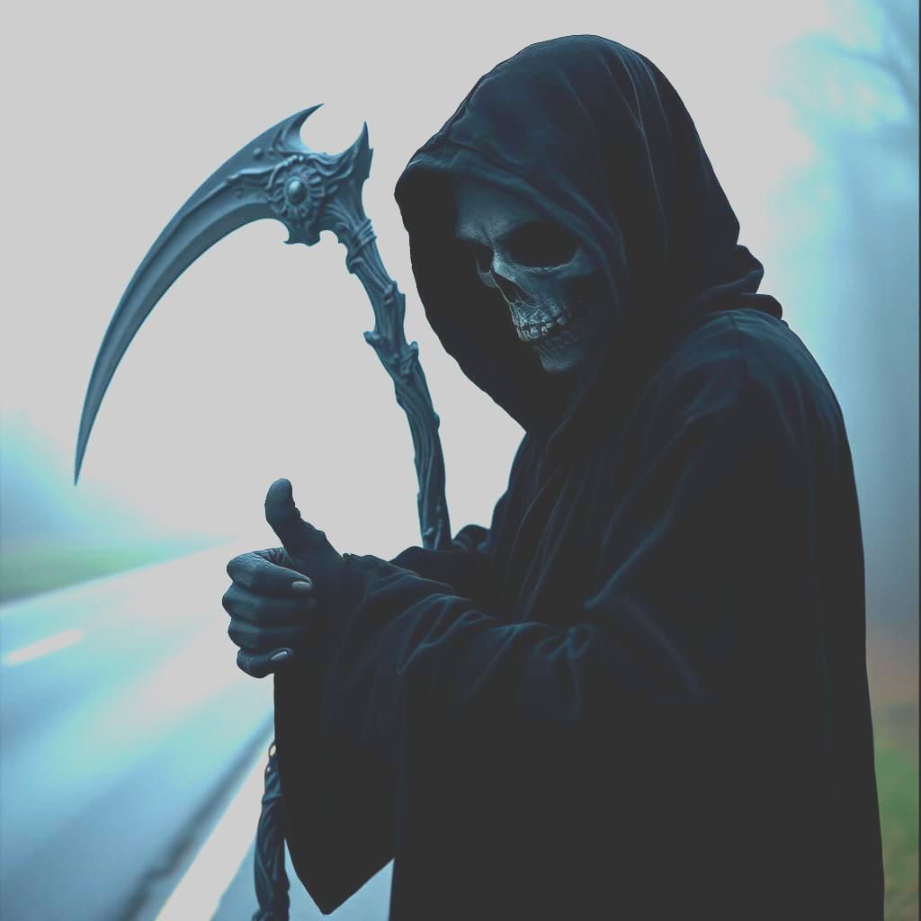 Humorous Grim Reaper Hitchhiking in the Fog