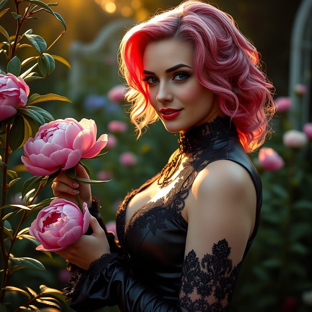 Enigmatic Hourglass Goddess Plucks a Lush Peony in Whimsical...