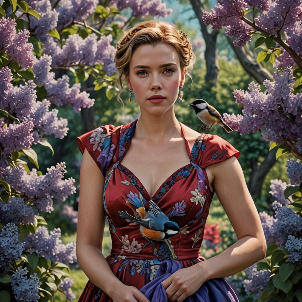 Woman with Chickadee and Lilacs, Hyperrealistic Style