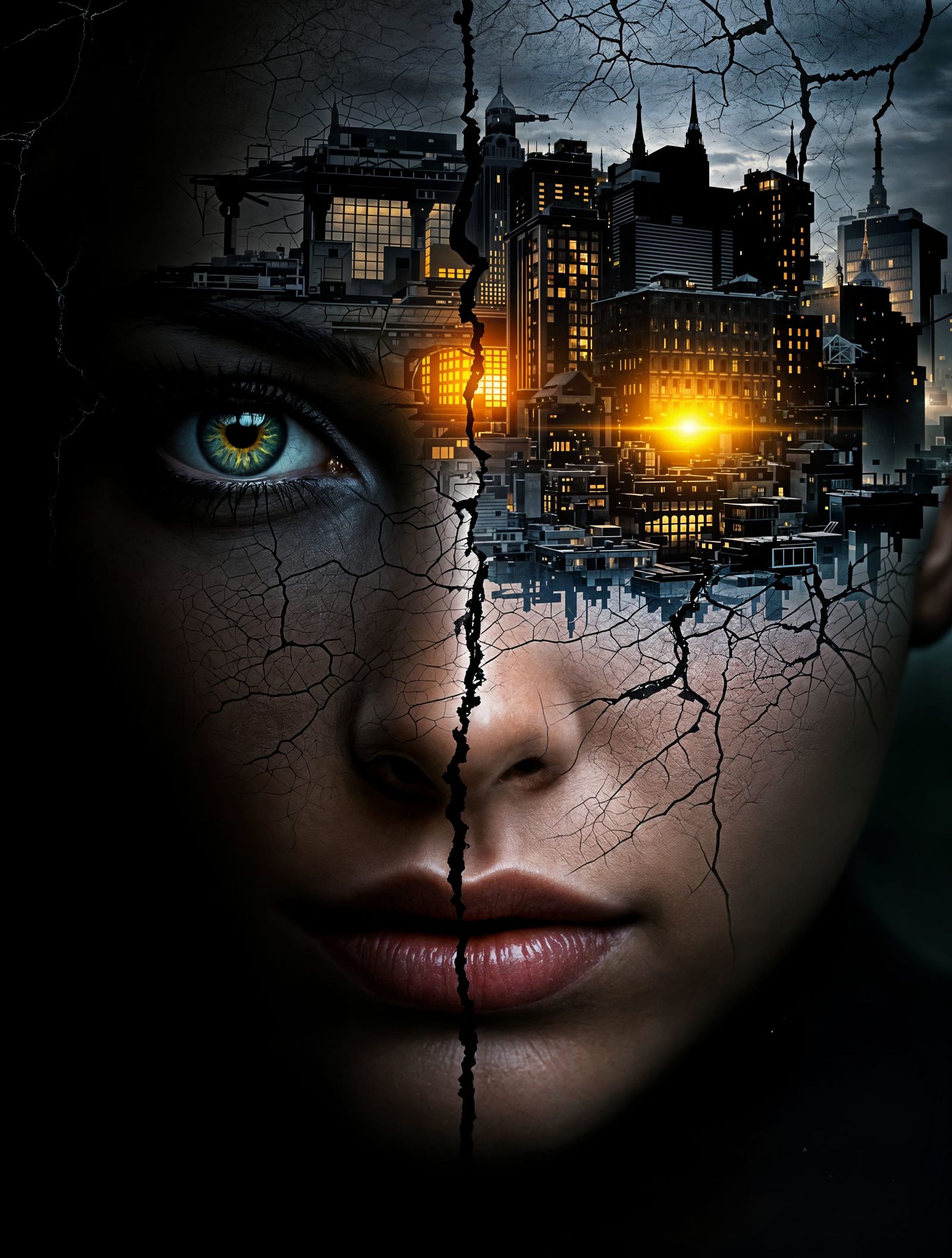 Surreal Cityscape Portrait with Luminous Eyes