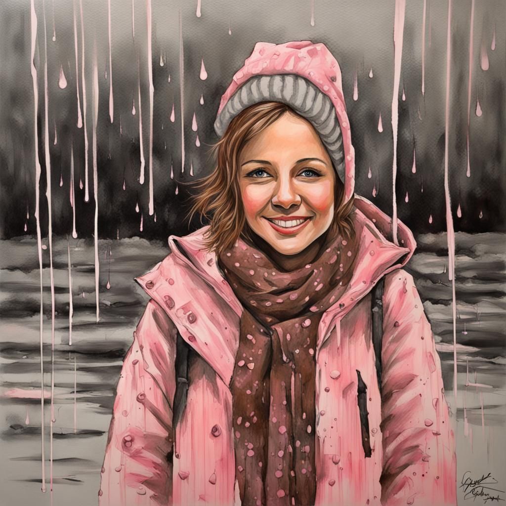 Joyful Woman in Rainy Pennsylvania: Ink and Acrylic Art