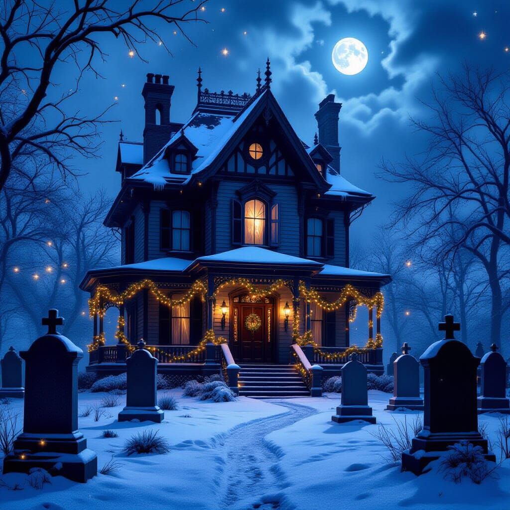 Haunting Christmas Dream House in Snowy Graveyard