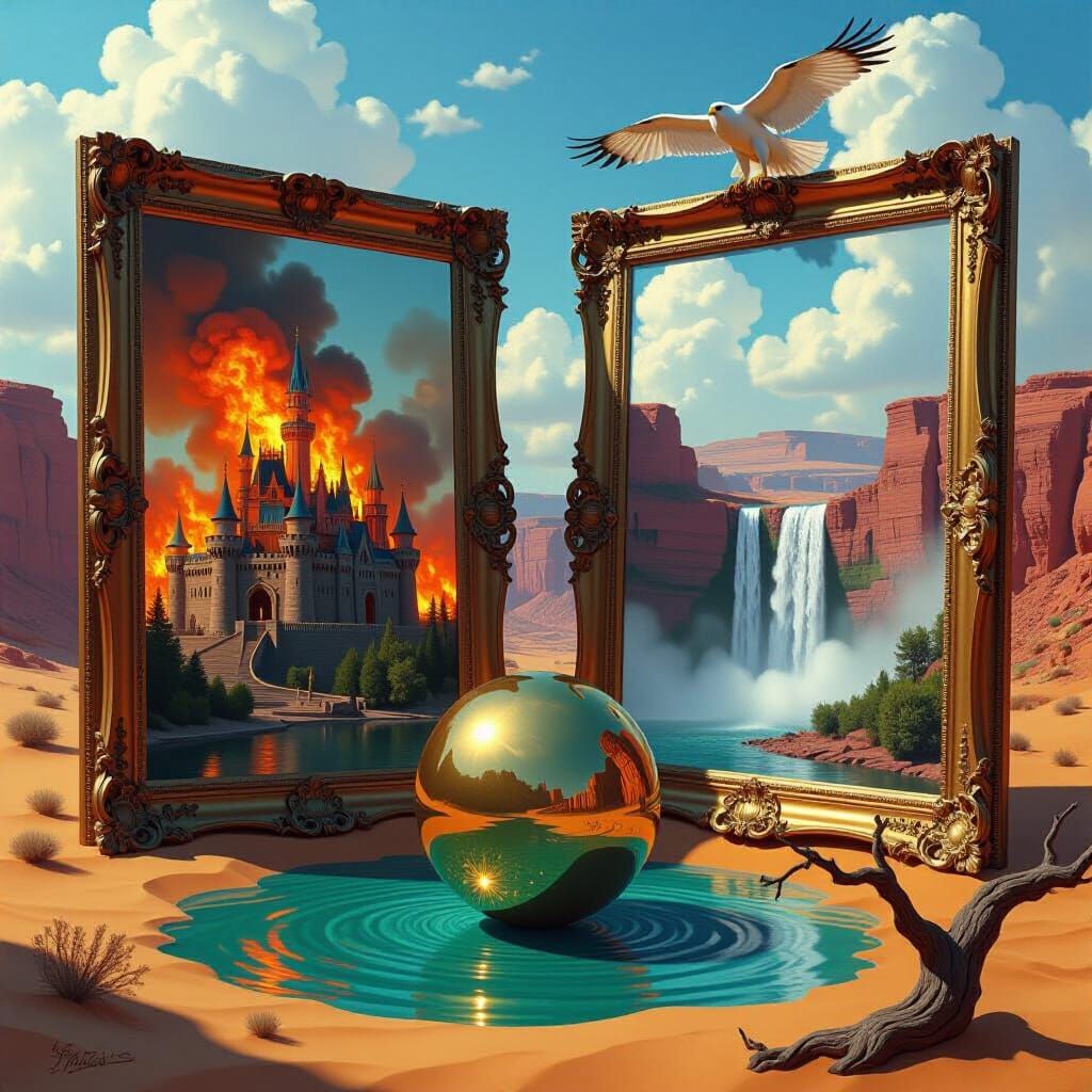 Desert Landscape with Burning Castle and River Scene