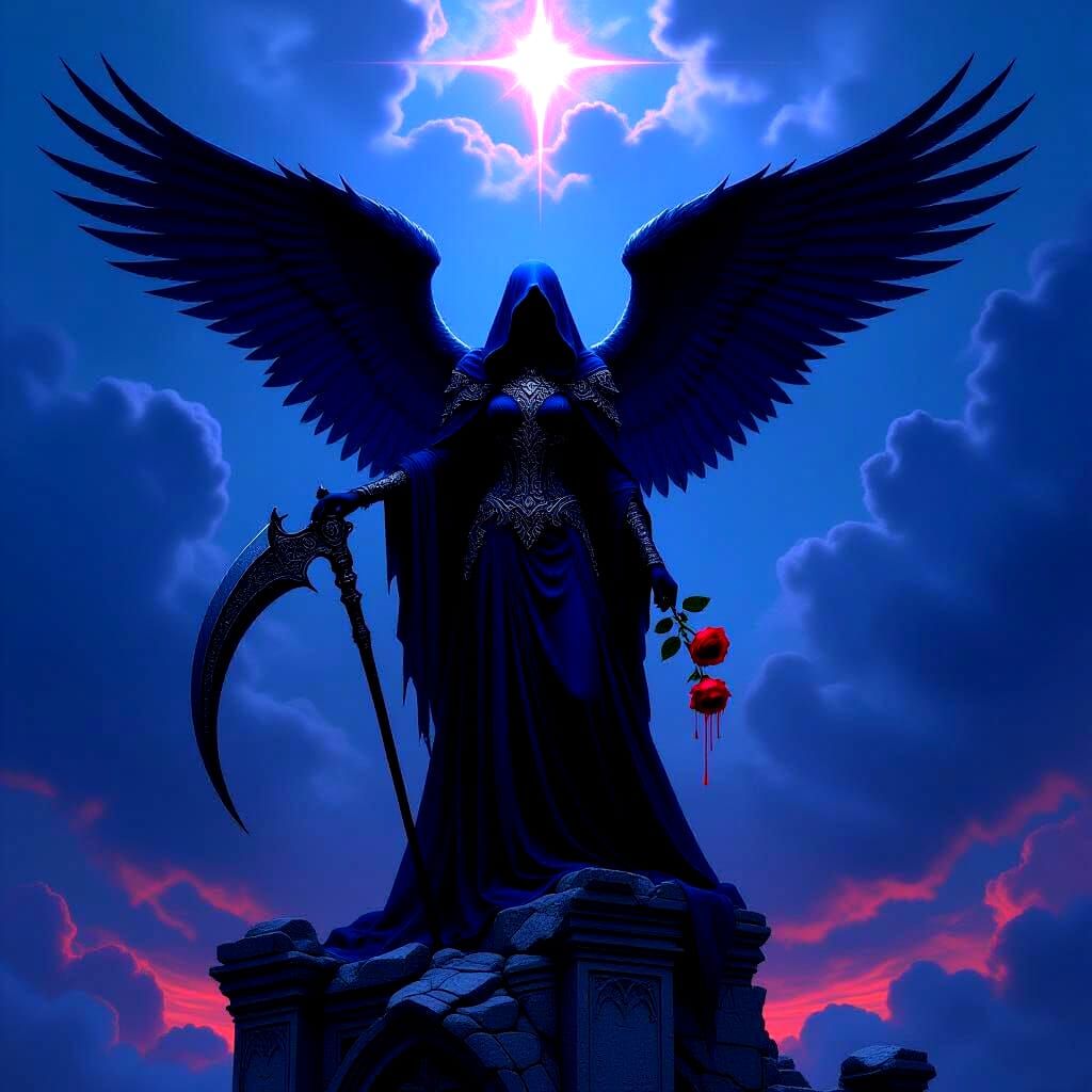 Angel of Death Holds Withered Rose on Ruin