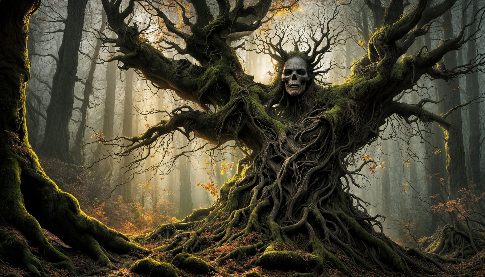 Dead God Swallowed by Tree at Dusk